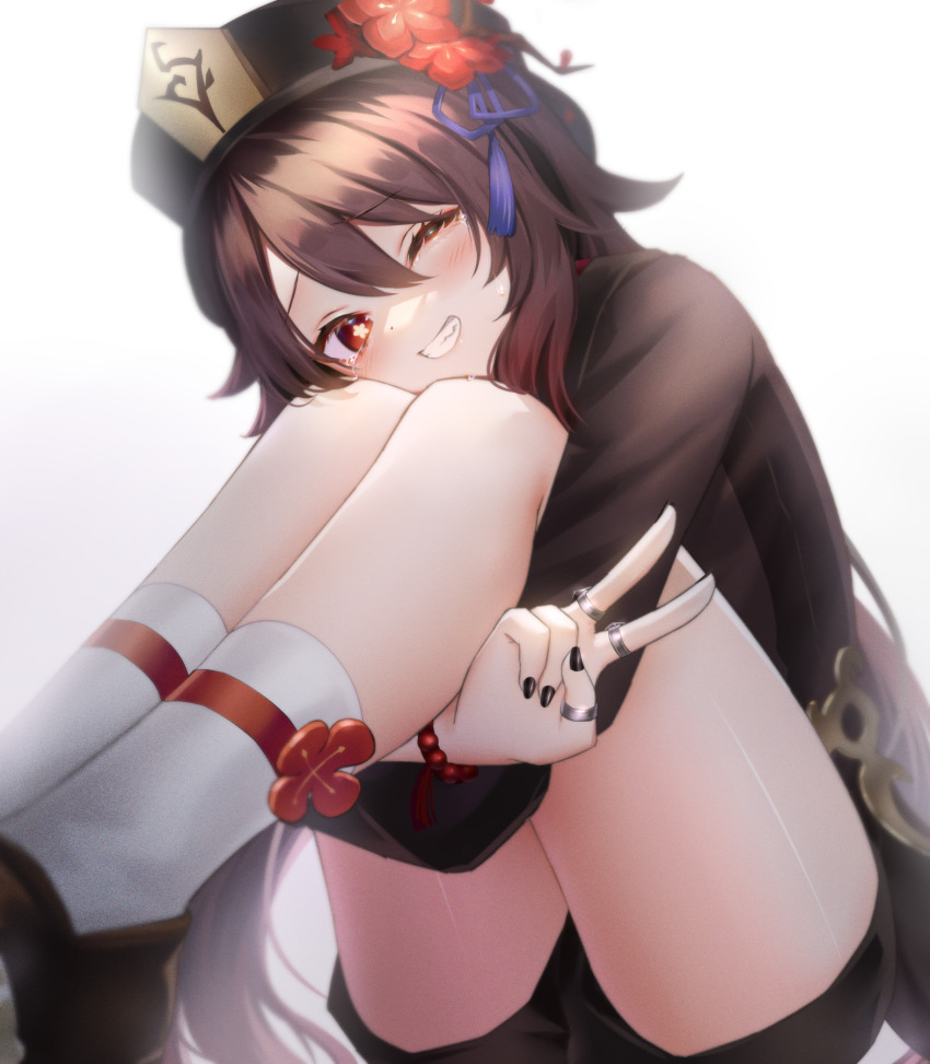 1girl, ;), bead_bracelet, beads, black_shorts, bracelet, brown_hair, chinese_clothes