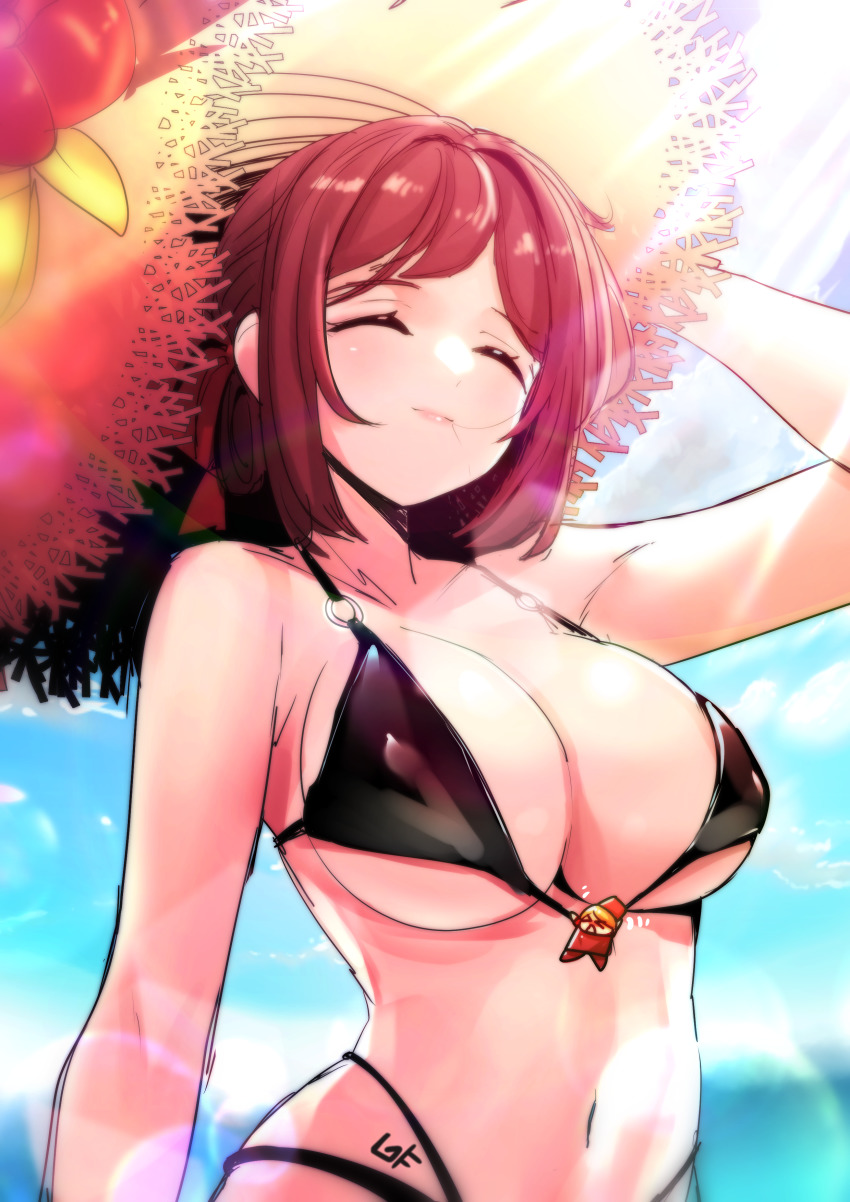 1girl, absurdres, alternate_costume, arm_up, bare_shoulders, bikini, black_bikini, blurry