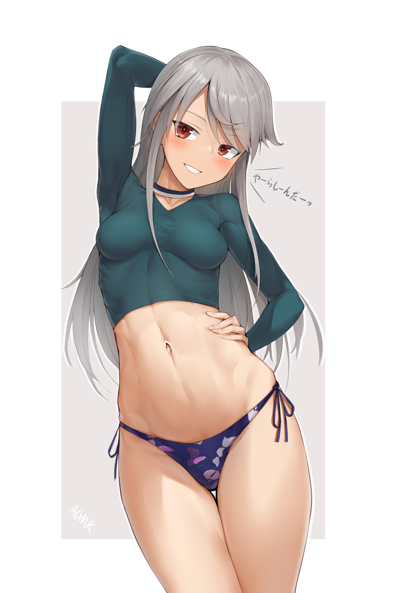 1girl, absurdres, alice_gear_aegis, aomoro, arm_behind_head, arm_up, bikini, bikini_bottom_only, blue_bikini, blush, breasts, breasts_apart, cowboy_shot, crop_top, green_shirt, grey_hair, grin, hand_on_own_hip, highres, jinguuji_mari, long_hair, long_sleeves, looking_at_viewer, medium_breasts, midriff, navel, no_pants, red_eyes, shirt, side-tie_bikini_bottom, smile, solo, standing, swimsuit, translation_request