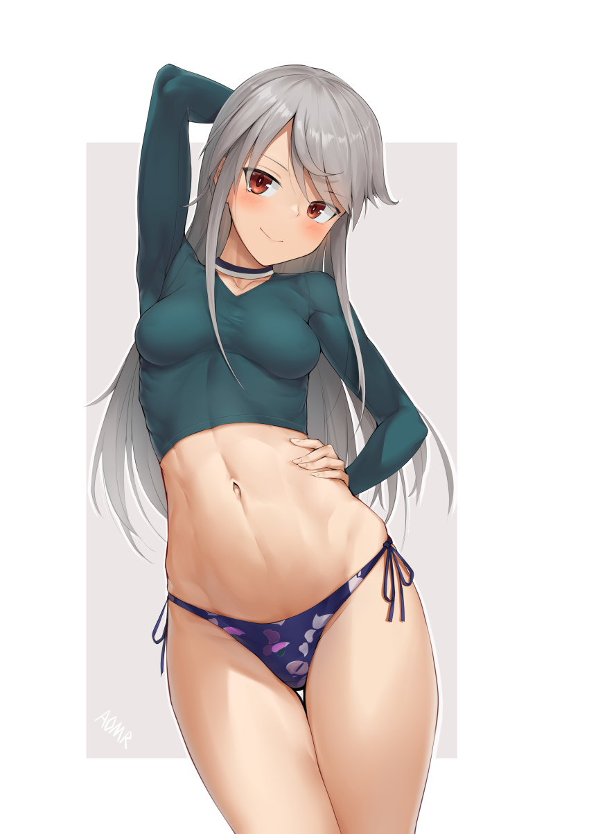 1girl, absurdres, alice_gear_aegis, aomoro, arm_behind_head, arm_up, bikini, bikini_bottom_only, blue_bikini, blush, breasts, breasts_apart, closed_mouth, cowboy_shot, crop_top, green_shirt, grey_hair, hand_on_own_hip, highres, jinguuji_mari, long_hair, long_sleeves, looking_at_viewer, medium_breasts, midriff, navel, no_pants, red_eyes, shirt, side-tie_bikini_bottom, smile, solo, standing, swimsuit