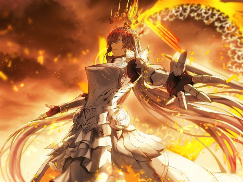 1girl, armor, armored_dress, blue_eyes, breasts, crown, dark-skinned_female, dark_skin, dress, fate/grand_order, fate_(series), grey_hair, highres, kankitsurui_(house_of_citrus), large_breasts, long_hair, queen, smile, solo, white_dress, zenobia_(authentic_triumph)_(fate), zenobia_(fate)