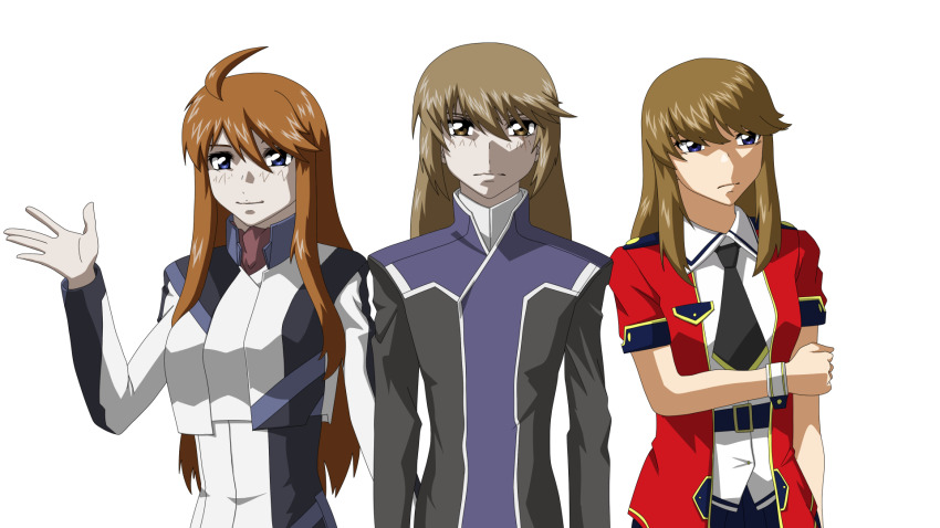 1boy, 2girls, black_jacket, black_necktie, blue_eyes, breasts, brown_eyes, brown_hair