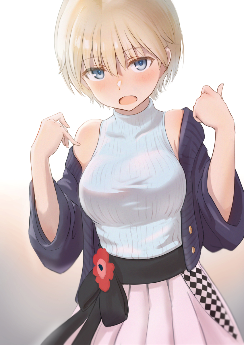 1girl, alternate_costume, bare_shoulders, blonde_hair, blue_eyes, blue_sweater, brave_witches, breasts