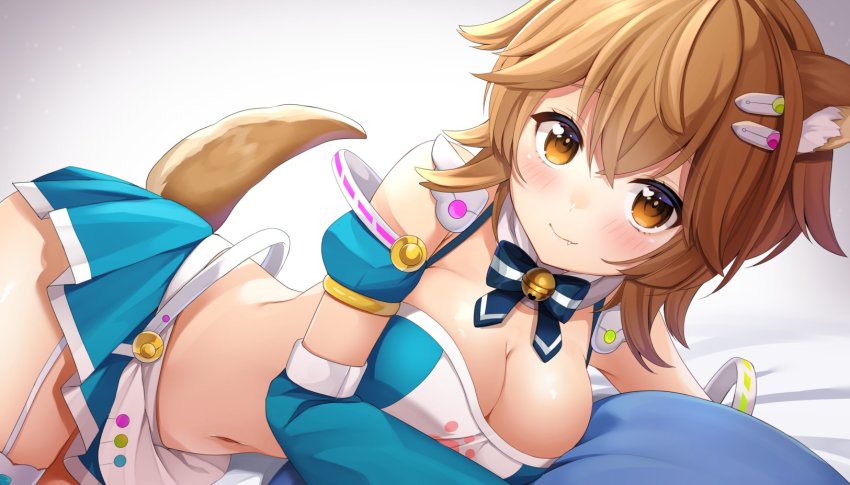 1girl, animal_ears, bare_shoulders, blue_skirt, bow, bowtie, breasts, brown_eyes, brown_hair, choker, cleavage, closed_mouth, detached_sleeves, dog_ears, dog_girl, dog_tail, fang, garter_straps, hair_ornament, hairclip, highres, hoshimeguri_gakuen, inuchiyo_kokona, large_breasts, long_sleeves, looking_at_viewer, lying, midriff, miniskirt, miyagi_ratona, navel, on_stomach, pleated_skirt, revealing_clothes, short_hair, skirt, smile, solo, spaghetti_strap, stomach, tail, thighhighs, virtual_youtuber, white_choker, white_thighhighs