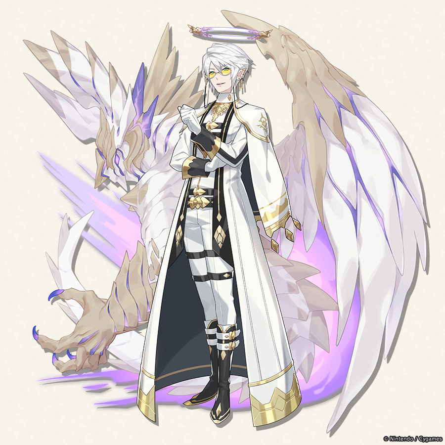 black_footwear, dragalia_lost, dragon, ear_piercing, full_body, glasses, gloves, green_eyes, halo, long_sleeves, looking_at_viewer, mechanical_halo, official_art, pants, piercing, pointy_ears, ramiel_(dragalia_lost), short_hair, standing, thigh_strap, white_gloves, white_hair, white_pants