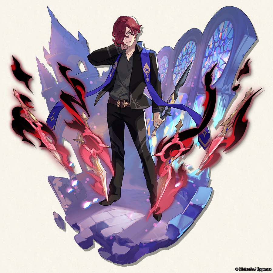 belt, black_jacket, black_pants, dragalia_lost, full_body, green_eyes, hair_over_one_eye, jacket, long_sleeves, looking_at_viewer, nevin_(dragalia_lost), official_art, open_clothes, open_jacket, pants, purple_scarf, red_hair, scarf, short_hair, wavy_hair