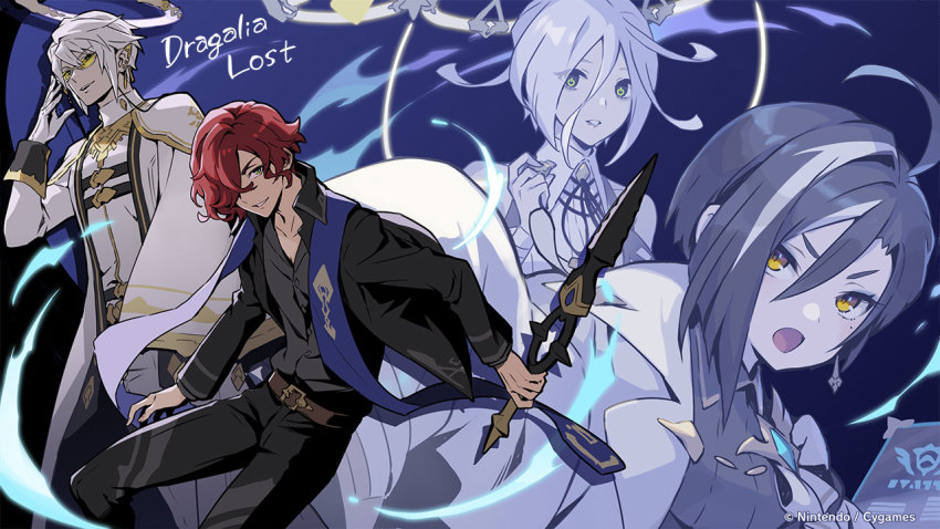 2boys, 2girls, adjusting_eyewear, bags_under_eyes, belt, black_hair, dragalia_lost, gloves