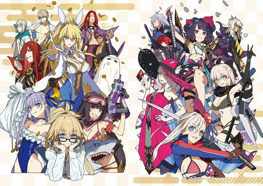 artoria_pendragon_(fate), artoria_pendragon_(swimsuit_ruler)_(fate), artoria_pendragon_(swimsuit_ruler)_(first_ascension)_(fate), assault_rifle, bedivere_(fate), bedivere_(servant_summer_festival!_2018_swimsuit)_(fate), bikini, bird, black_hair, blonde_hair, breasts, card, carmilla_(fate), carmilla_(swimsuit_rider)_(first_ascension)_(fate), checkered_background, cleavage, coin, dark-skinned_female, dark_skin, fate/grand_order, fate_(series), fishnets, flat_chest, frilled_one-piece_swimsuit, frills, fuuma_kotarou_(fate), fuuma_kotarou_(shinobi_attire_for_summer_enjoyment)_(fate), gawain_(fate), gawain_(scion_of_summer)_(fate), glasses, goggles, goggles_on_head, gold_coin, gun, hat, hat_feather, highres, jeanne_d'arc_(fate), jeanne_d'arc_(swimsuit_archer)_(second_ascension)_(fate), katsushika_hokusai_(fate), katsushika_hokusai_(swimsuit_saber)_(fate), knights_of_the_round_table_(fate), lancelot_(fate/grand_order), lancelot_(strongest_knight_of_summer)_(fate), large_breasts, long_sleeves, meltryllis, meltryllis_(fate), meltryllis_(swimsuit_lancer)_(fate), meltryllis_(swimsuit_lancer)_(second_ascension)_(fate), merlin_(fate), merlin_(overnight_dream)_(fate), midriff, miyamoto_musashi_(fate), miyamoto_musashi_(fate/grand_order), miyamoto_musashi_(swimsuit_berserker)_(fate), miyamoto_musashi_(swimsuit_berserker)_(second_ascension)_(fate), multiple_boys, multiple_girls, navel, nitocris_(fate), nitocris_(fate/grand_order), nitocris_(swimsuit_assassin)_(fate), nitocris_(swimsuit_assassin)_(first_ascension)_(fate), oda_nobunaga_(fate), oda_nobunaga_(maou_avenger)_(fate), okita_j._souji_(fate), okita_j._souji_(first_ascension)_(fate), one-piece_swimsuit, osakabehime_(fate), osakabehime_(swimsuit_archer)_(fate), osakabehime_(swimsuit_archer)_(second_ascension)_(fate), penguin, playboy_bunny, rifle, shark, siegfried_(fate), siegfried_(super_cool_biz)_(fate), silver_coin, sun_hat, swimsuit, toto-sama_(fate), tristan_(chicken_of_luluhawa)_(fate), tristan_(fate), wada_arco, weapon, white_hair