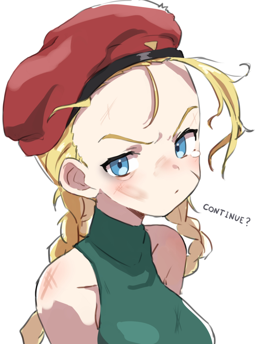 1girl, bare_shoulders, beret, blonde_hair, blue_eyes, braid, bruise, cammy_white