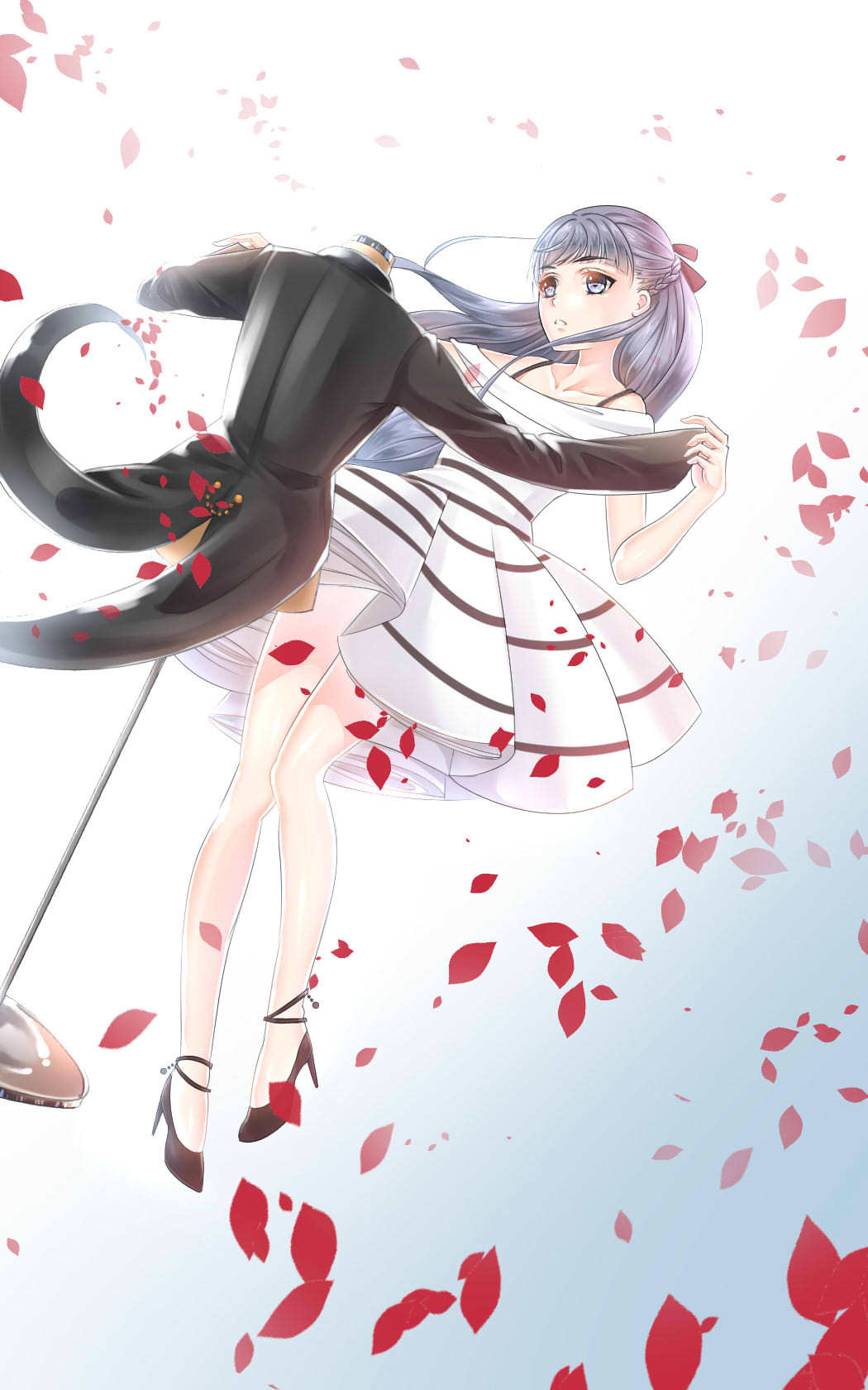 1girl, bow, braid, dress, formal_clothes, grey_eyes, grey_hair, hair_bow