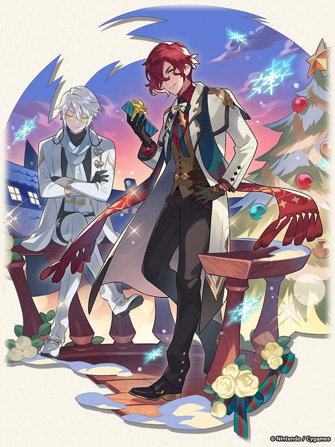 2boys, bishounen, black_gloves, dragalia_lost, full_body, gift, glasses, gloves, green_eyes, holding, holding_gift, jacket, looking_at_viewer, male_focus, multiple_boys, nevin_(dragalia_lost), official_art, pants, ramiel_(dragalia_lost), red_eyes, scarf, short_hair, sitting, smile, snowflakes, wavy_hair, white_hair, white_jacket, white_pants, white_scarf