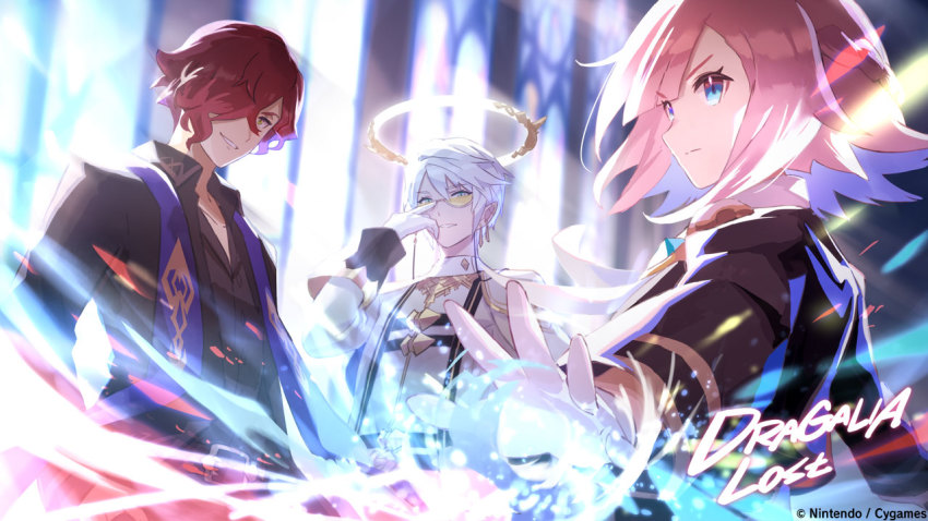 1girl, 2boys, adjusting_eyewear, blue_eyes, dragalia_lost, ear_piercing, gloves, green_eyes