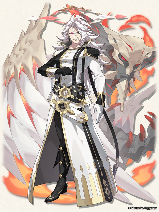 1boy, asymmetrical_gloves, belt, black_footwear, black_gloves, coat, dragalia_lost, earrings
