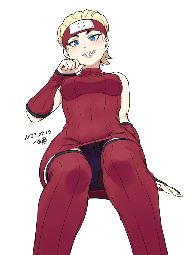 1girl, bare_shoulders, blonde_hair, blue_eyes, blush, boruto:_naruto_next_generations, breasts, commentary_request, dated, detached_sleeves, dress, forehead_protector, from_below, hair_slicked_back, kirigakure_symbol, kurosuki_buntan, looking_at_viewer, medium_breasts, mole, naruto_(series), ninja, panties, pantyshot, perky_breasts, red_dress, red_sleeves, red_thighhighs, ribbed_dress, ribbed_legwear, ribbed_sleeves, ribbed_thighhighs, sharp_teeth, short_hair, signature, sitting, smile, solo, teeth, thighhighs, tsukudani_(coke-buta), underwear, white_background