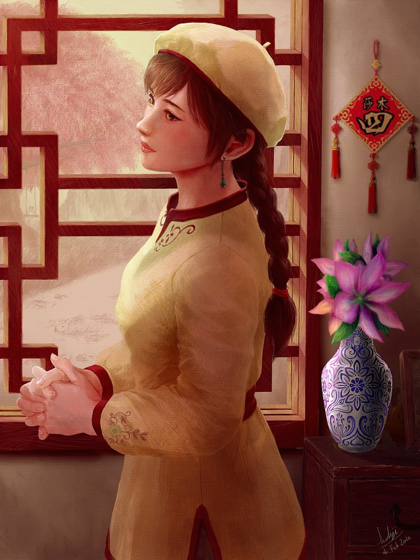 1girl, architecture, braid, braided_ponytail, breasts, brown_eyes, chest_of_drawers, chinese_clothes