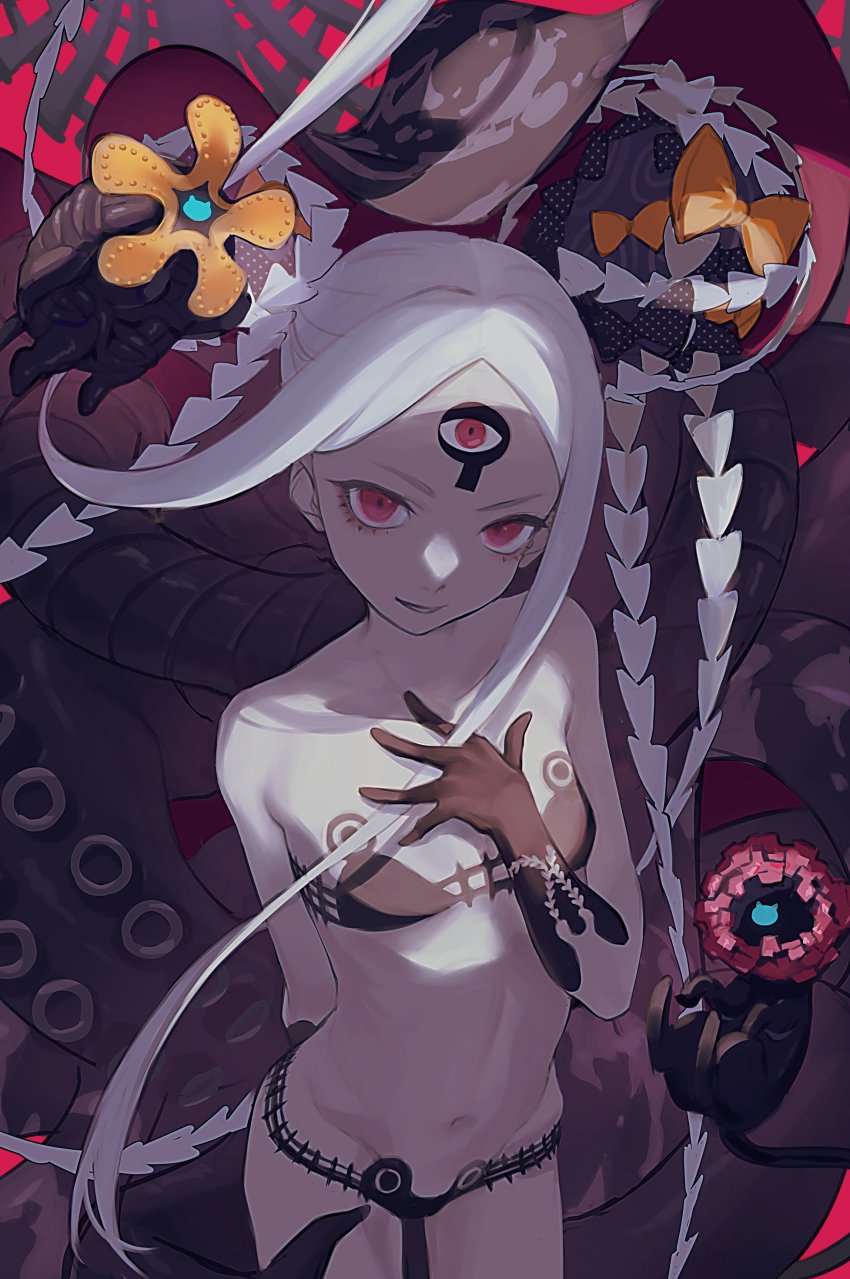 1girl, abigail_williams_(fate), abigail_williams_(swimsuit_foreigner)_(fate), abigail_williams_(swimsuit_foreigner)_(first_ascension)_(fate), absurdres, bikini, black_bikini, colored_skin, fate/grand_order, fate_(series), forehead, highres, keyhole, monster, monster_girl, navel, pale_skin, parted_bangs, red_eyes, ryuko_lee, swimsuit, tagme, tattoo, tentacles, third_eye, white_hair, white_skin