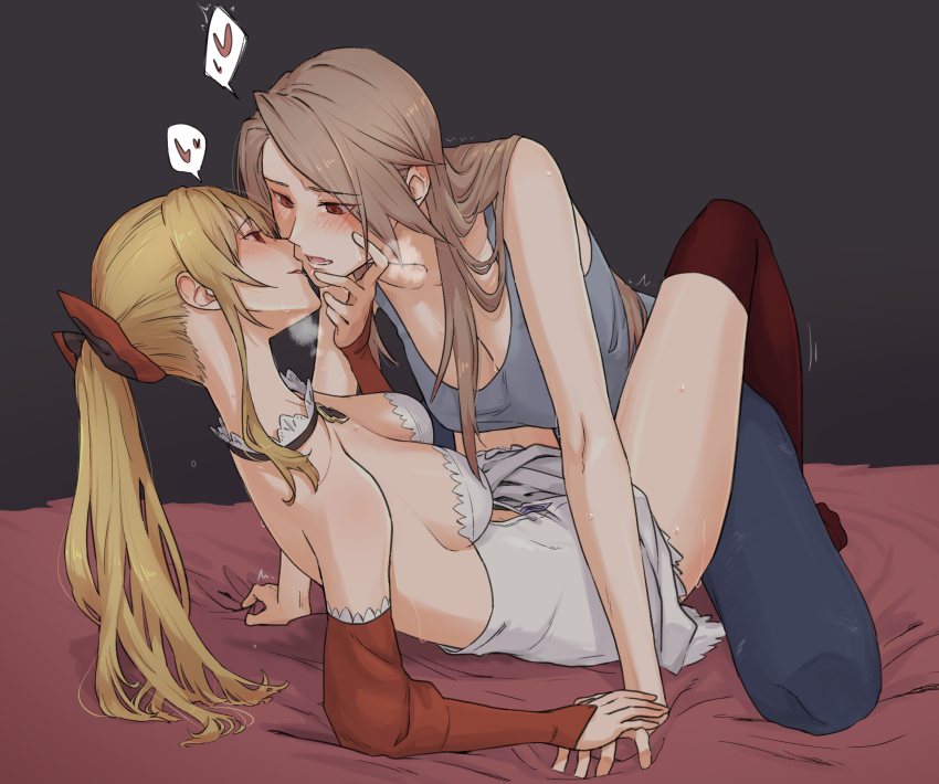 2girls, bare_arms, black_legwear, blonde_hair, blush, breasts, brown_hair, choker