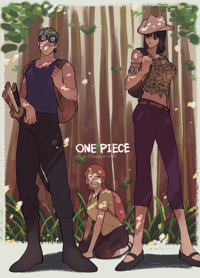 1boy, 2girls, backpack, bag, bare_arms, belt, black_boots, black_pants, boots, breasts, brown_bag, brown_belt, brown_hair, closed_eyes, closed_mouth, copyright_name, cowboy_hat, film_grain, goggles, goggles_on_head, grass, green_hair, hat, highres, holding_strap, kneeling, large_breasts, larugo0513, looking_at_another, looking_down, medium_hair, midriff, multiple_girls, nami_(one_piece), nami_(one_piece)_(skypiea), navel, nico_robin, nico_robin_(skypiea), one_piece, open_mouth, outdoors, pants, pink_bag, purple_pants, purple_tank_top, roronoa_zoro, shirt, short_hair, short_sleeves, smile, standing, sunlight, sword, tank_top, tree, twitter_username, weapon, white_hat, yellow_shirt