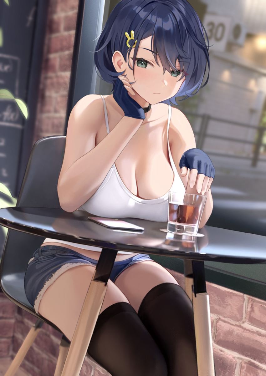 1girl, alternate_costume, black_choker, black_hair, black_thighhighs, blue_archive, blue_gloves, breast_rest, breasts, breasts_on_table, brick_wall, camisole, chair, chihiro_(blue_archive), choker, cleavage, closed_mouth, denim, denim_shorts, drink, elbow_rest, fingerless_gloves, glass, gloves, green_eyes, hair_between_eyes, hair_ornament, hairpin, head_rest, highres, indoors, large_breasts, looking_at_viewer, no_eyewear, on_chair, preview_(preview0), restaurant, short_hair, shorts, sitting, solo, thighhighs, thighs, white_camisole, window
