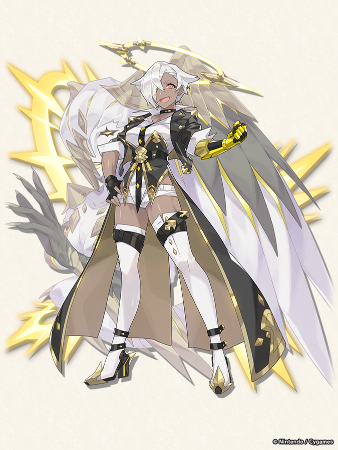 1girl, asymmetrical_gloves, black_choker, black_gloves, choker, dark-skinned_female, dark_skin, dragalia_lost, fingerless_gloves, full_body, gauntlets, gloves, gold_gloves, hair_over_one_eye, halo, mechanical_halo, official_art, open_mouth, raphael_(dragalia_lost), short_hair, short_shorts, short_sleeves, shorts, smile, standing, white_hair, white_legwear, white_shorts, yellow_eyes