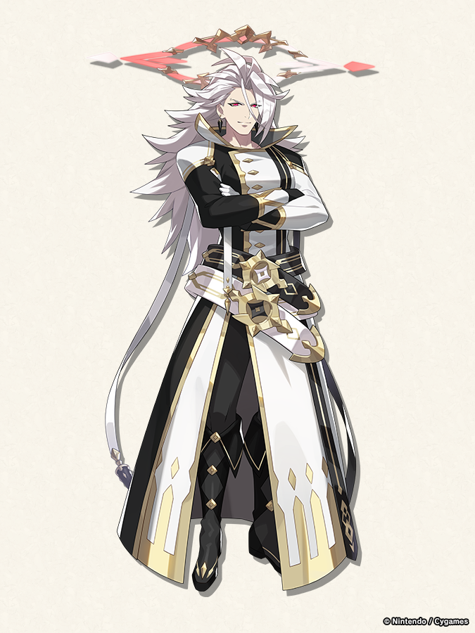 1boy, asymmetrical_gloves, belt, black_footwear, black_gloves, black_pants, coat, dragalia_lost, earrings, full_body, gloves, halo, jewelry, long_hair, long_sleeves, looking_at_viewer, mechanical_halo, official_art, orange_eyes, pants, single_earring, smile, standing, uriel_(dragalia_lost), white_coat, white_gloves, white_hair
