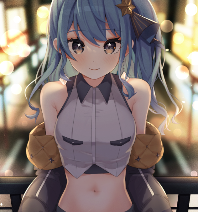 1girl, bare_shoulders, black_jacket, blue_hair, blurry, blurry_background, blush, closed_mouth