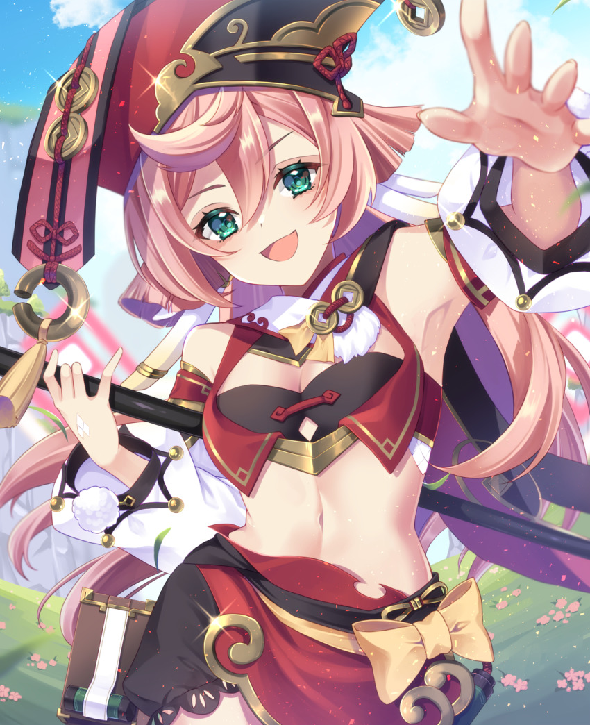 1girl, antlers, armpits, black_bra, black_shorts, bra, breasts, cleavage, detached_sleeves, ewokaku335, genshin_impact, green_eyes, highres, holding, holding_staff, horns, long_sleeves, midriff, navel, open_mouth, pink_hair, red_headwear, red_skirt, red_vest, shorts, skirt, small_breasts, smile, solo, staff, underwear, vest, yanfei_(genshin_impact)
