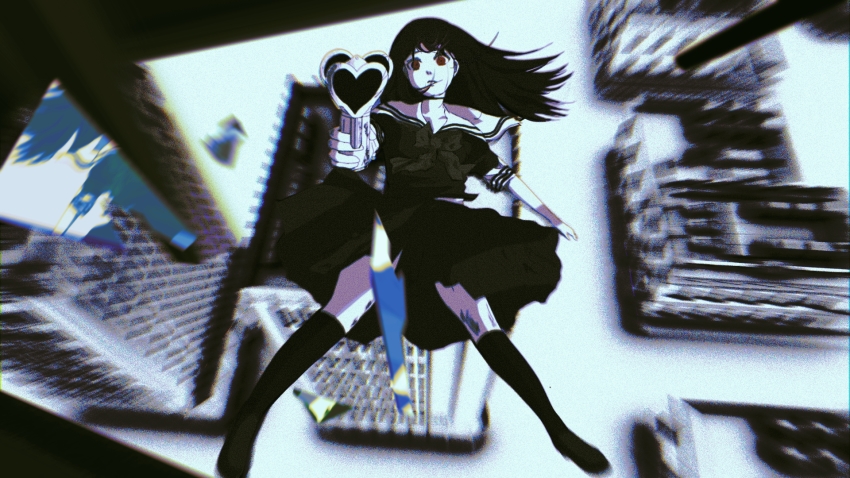 aiming, asagiri_aya, black_bow, black_serafuku, bow, broken_glass, broken_mirror, building