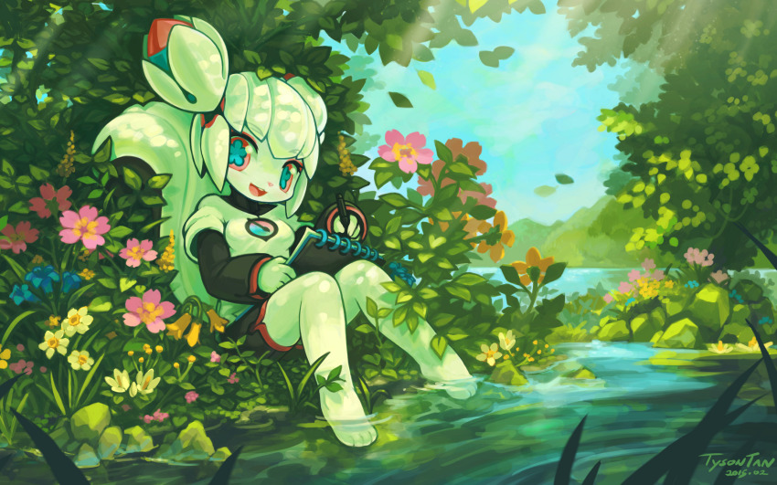 1girl, :3, :d, animal_nose, aqua_pupils, aqua_sky, artist_name, barefoot