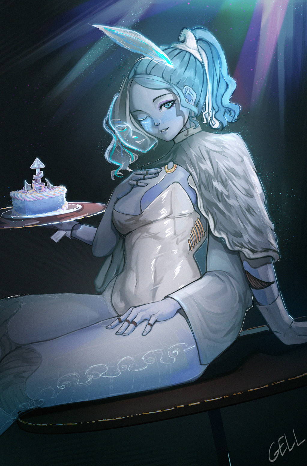 1girl, animal_ears, blue_eyes, blue_hair, blue_skin, bow, bowtie, breasts