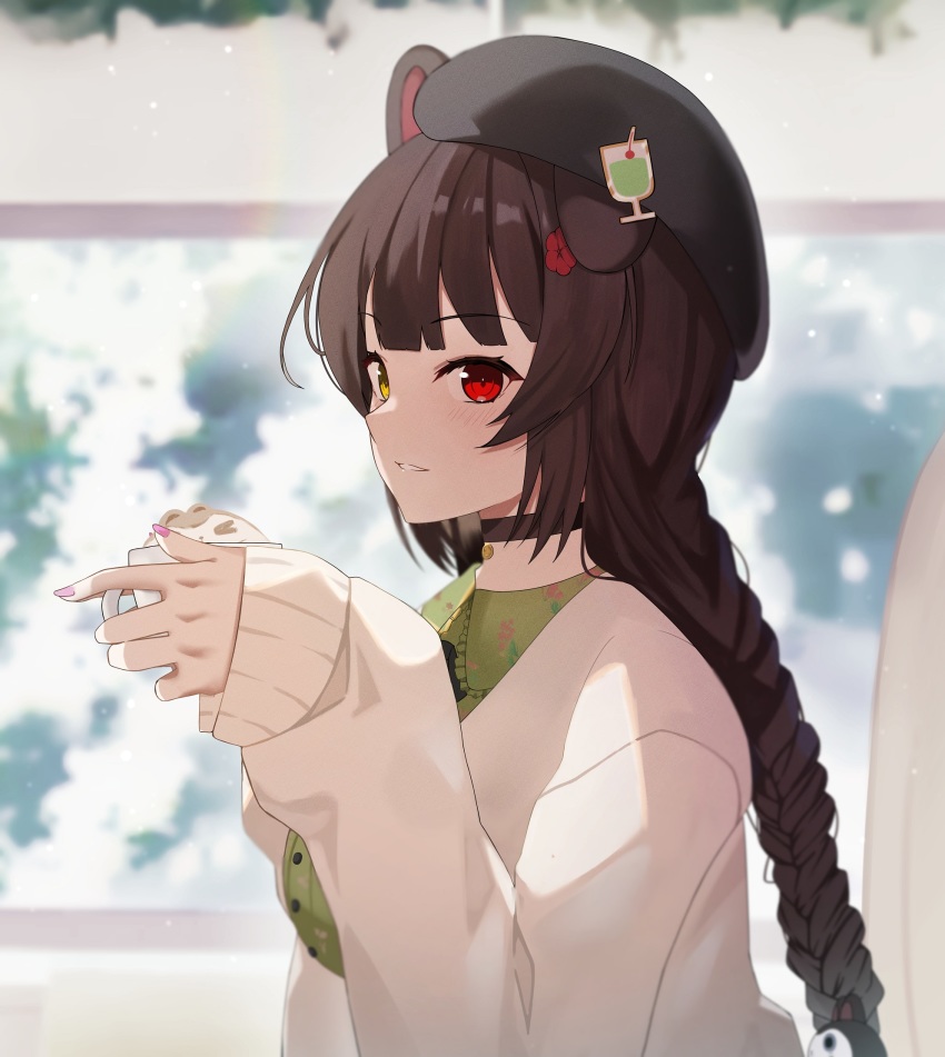 1girl, animal_ears, black_hat, braid, braided_ponytail, brown_choker, brown_hair, bureoeve