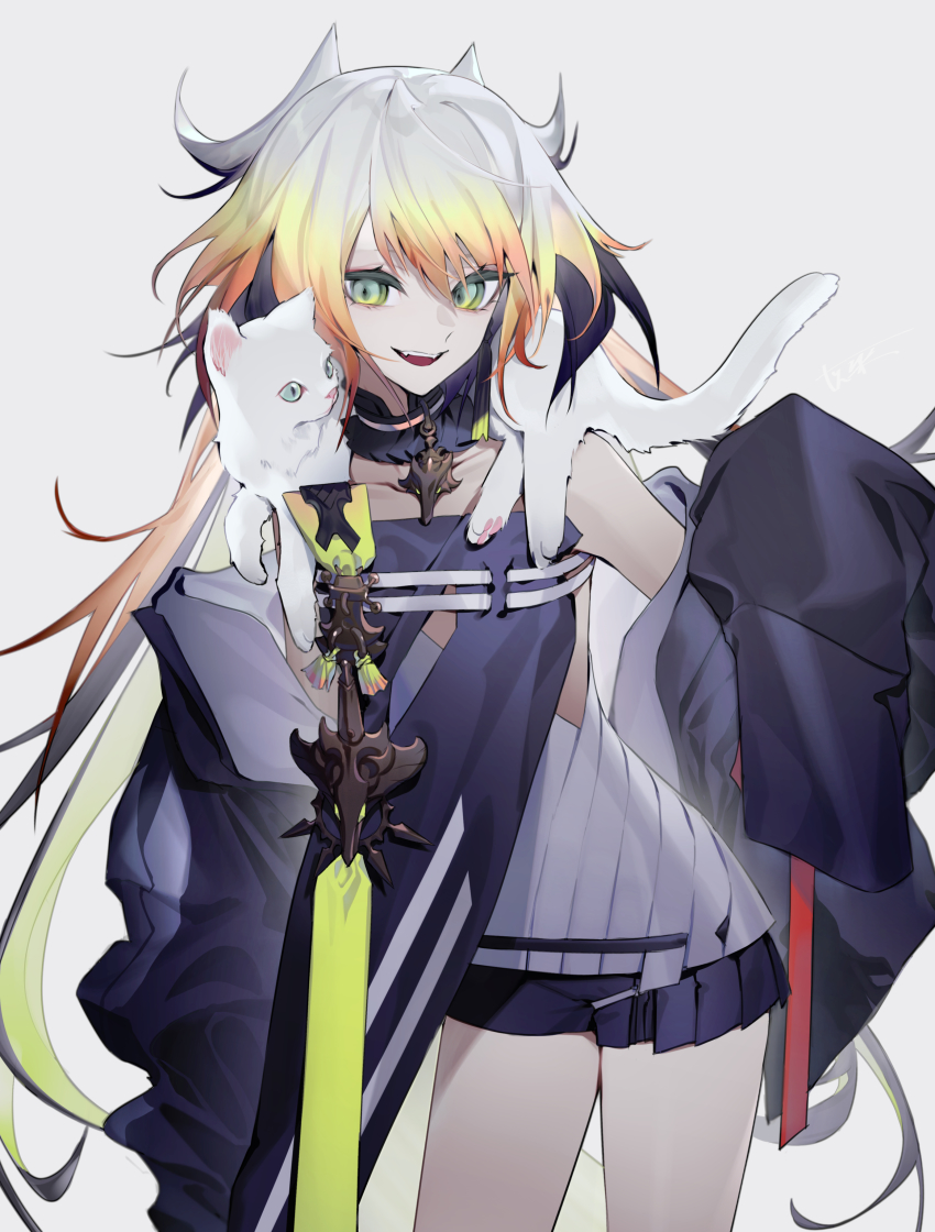 1other, :d, absurdres, animal, animal_on_shoulder, bare_shoulders, black_jacket, blonde_hair