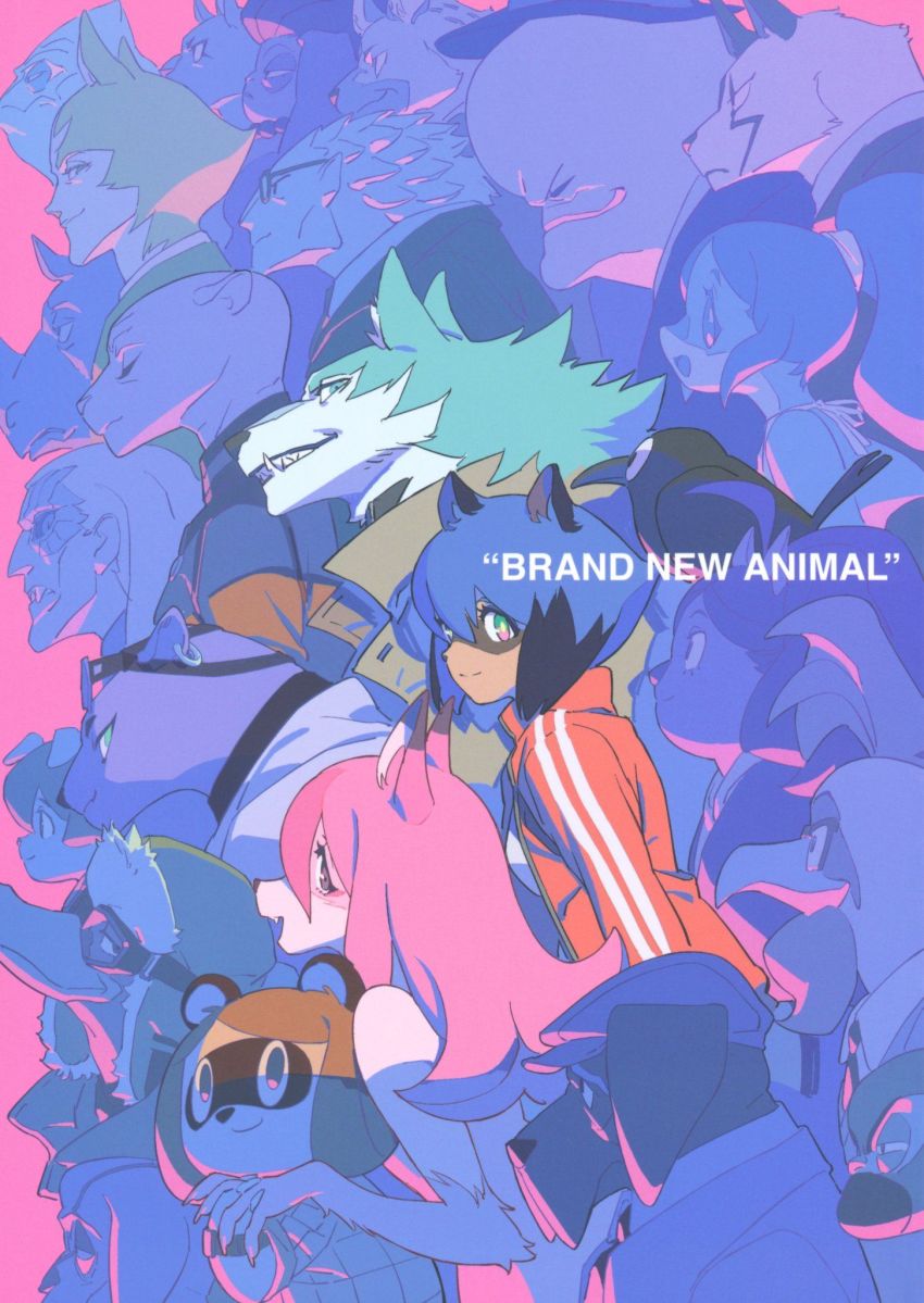 6+boys, 6+girls, alan_sylvasta, animal, animal_ear_fluff, animal_ears, animal_on_head, aqua_eyes, aqua_hair, artbook, barbara_rose, bare_shoulders, beak, bird, bird_boy, bird_on_head, black_bird, black_hair, blue_hair, body_fur, boris_cliff, brand_new_animal, brown_coat, brown_hair, newsboy_cap, character_request, closed_eyes, closed_mouth, coat, copyright_name, cover, crow, dark-skinned_female, dark_skin, dog_boy, dog_ears, dolphin_girl, earrings, everyone, fang, fox_ears, fox_girl, from_side, furry, furry_female, furry_male, gem_horner, giuliano_flip, glasses, goggles, goggles_on_head, gradient_eyes, green_eyes, hair_tie, halterneck, hat, high_ponytail, highres, hiwatashi_nazuna, jacket, jackie_(bna), jewelry, kagemori_michiru, kuro_(bna), long_hair, looking_ahead, looking_at_viewer, looking_back, marie_itami, melissa_horner, mink_girl, multicolored_eyes, multicolored_hair, multiple_boys, multiple_girls, nina_flip, non-web_source, official_art, ogami_shirou, on_head, open_mouth, parted_lips, partially_colored, pink_background, pink_eyes, pink_fur, pink_hair, ponytail, purple_hair, raccoon_ears, raccoon_girl, red_jacket, sharp_teeth, shirt, short_hair, smile, striped_clothes, striped_jacket, suit_jacket, teeth, track_jacket, trench_coat, two-tone_hair, vertical_stripes, white_coat, white_fur, white_shirt, wolf_boy, wolf_ears, yoshinari_you