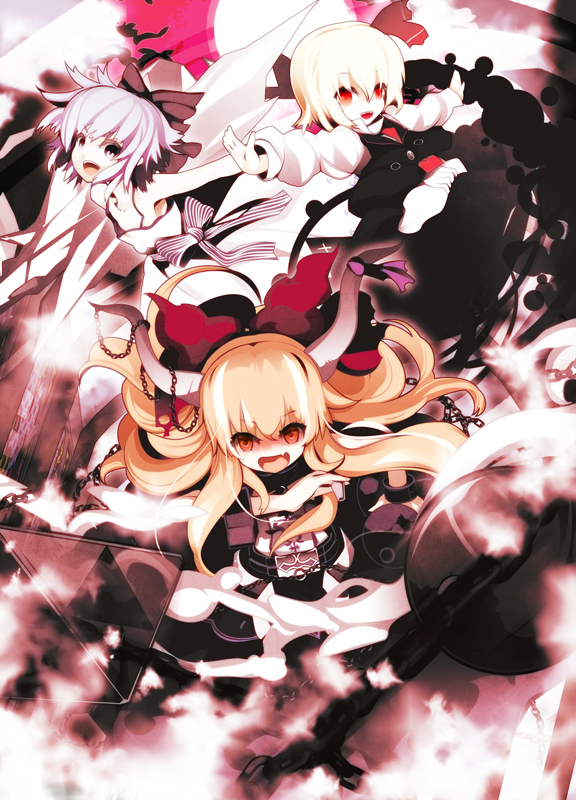 3girls, blonde_hair, blue_hair, bow, chain, cirno, dress, fang, hair_bow, hair_ribbon, hairband, ibuki_suika, koumajou_densetsu, koumajou_densetsu_1, multiple_girls, red_eyes, ribbon, rumia, shoot_the_bullet, touhou, uki_(room_405)