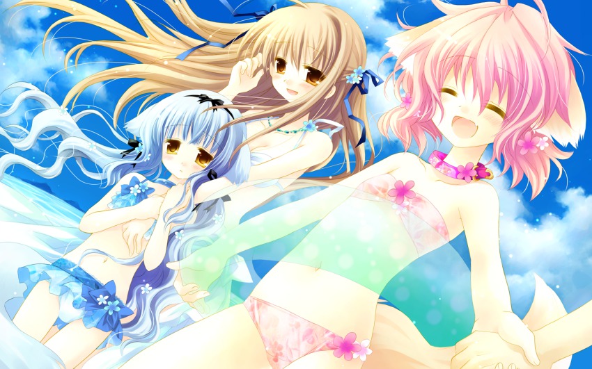 3girls, animal_ears, bikini, blonde_hair, blush, closed_eyes, cloud, collar