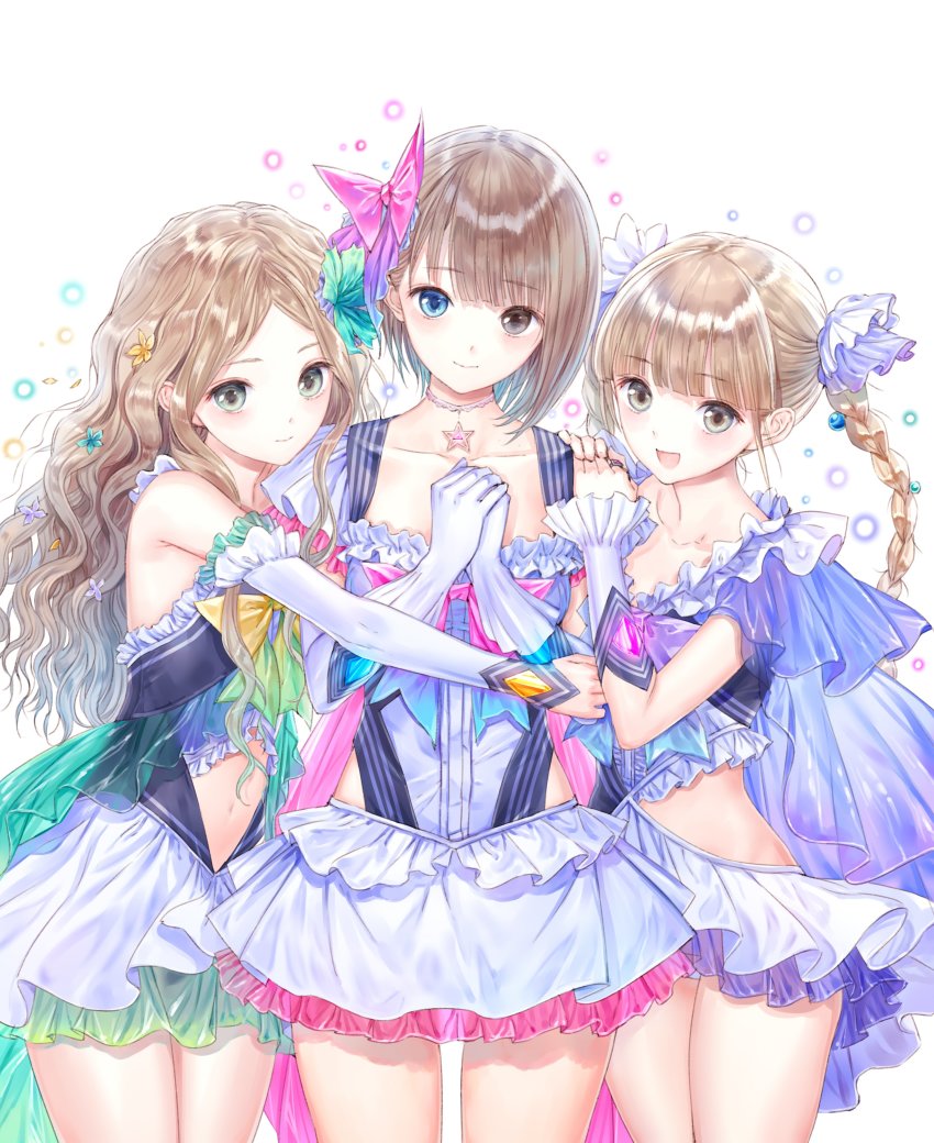 3girls, :d, absurdres, blue_eyes, blue_reflection_(series), blue_reflection_maboroshi_ni_mau_shoujo_no_ken, bow, braid