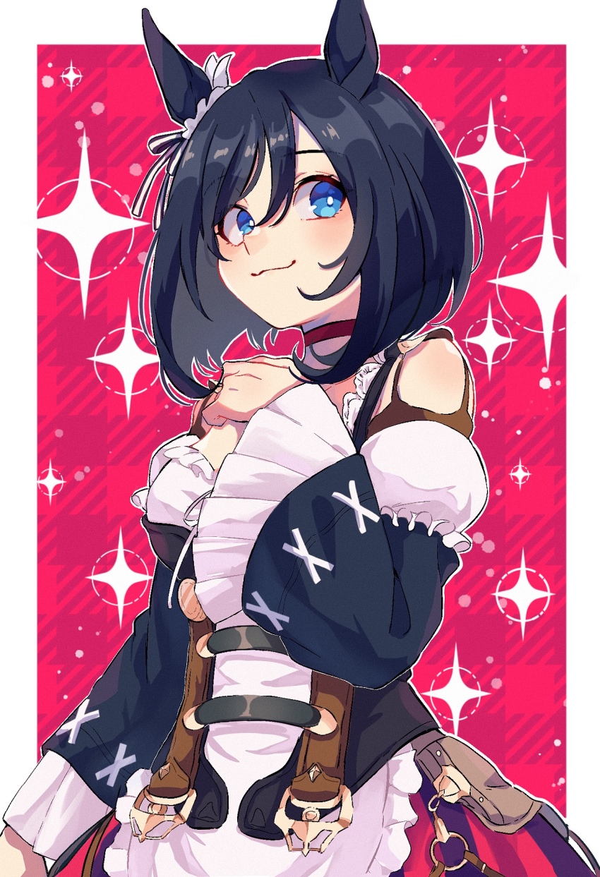 1girl, apron, black_hair, blue_eyes, blush, breasts, choker, closed_mouth