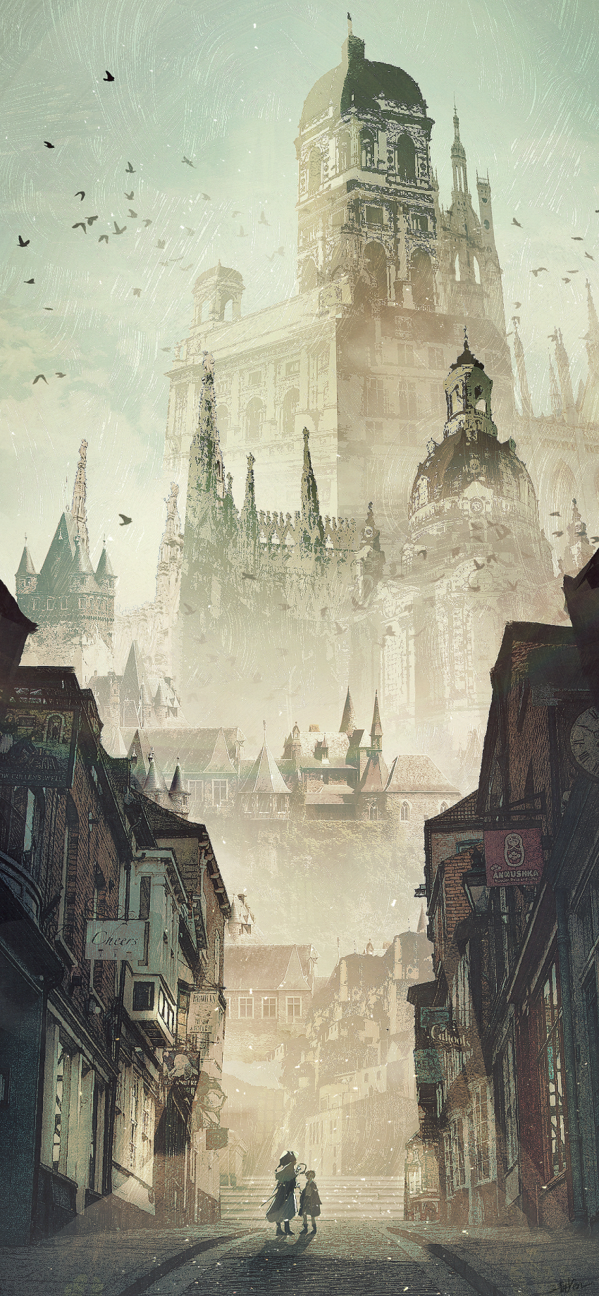 2others, absurdres, ankle_boots, bird, black_bird, boots, cathedral, church, coat, commentary_request, day, fantasy, highres, holding, holding_staff, light_rays, medieval, multiple_others, original, perspective, scenery, shizui_fen, signature, sky, staff, sunbeam, sunlight, tagme, town, wide_shot