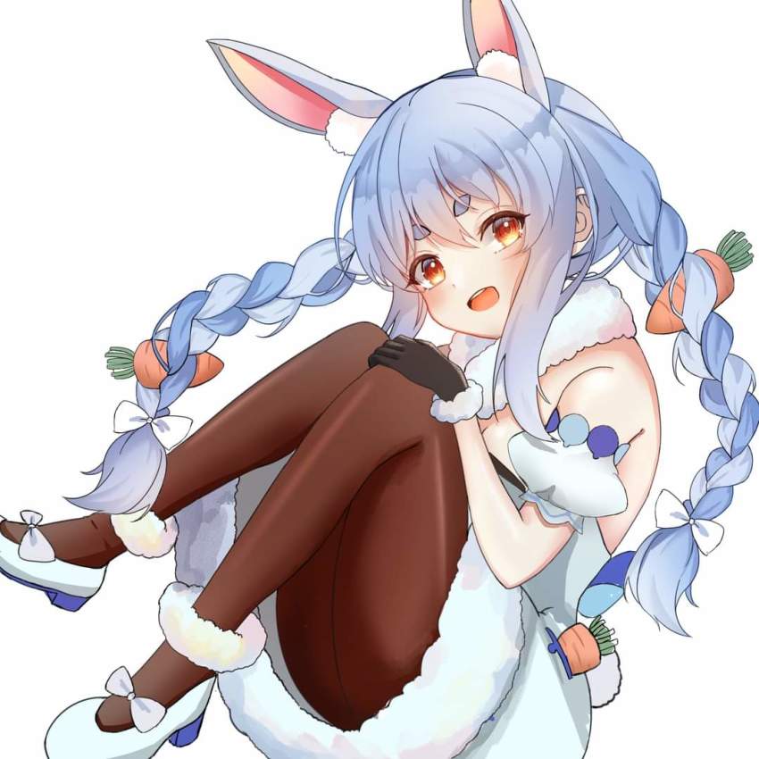 1girl, animal_ear_fluff, animal_ears, bare_shoulders, black_gloves, blue_hair, breasts, brown_pantyhose, carrot, carrot_hair_ornament, carrot_in_pocket, cleavage, commentary, don-chan_(usada_pekora), dress, food-themed_hair_ornament, fur-trimmed_gloves, fur_trim, gloves, hair_between_eyes, hair_ornament, hikimayu, hololive, hoshitukakasumi, hugging_own_legs, medium_breasts, orange_eyes, pantyhose, rabbit_ears, rabbit_girl, shoes, short_eyebrows, sidelocks, simple_background, solo, thick_eyebrows, usada_pekora, usada_pekora_(1st_costume), virtual_youtuber, white_background, white_dress, white_hair, white_shoes