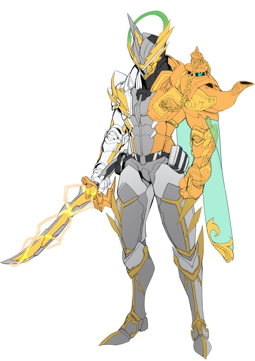 1boy, armor, armored_boots, asymmetrical_armor, belt, belt_buckle, black_bodysuit, bodysuit, boots, breasts, buckle, cape, catball1994, clawed_gauntlets, cloak, commentary_request, fake_horns, fantasy, full_armor, full_body, gauntlets, glowing, glowing_eyes, gold_armor, gold_cloth, greaves, halo, helmet, highres, holding, holding_sword, holding_weapon, horned_helmet, horns, kamen_rider, kamen_rider_espada, kamen_rider_saber_(series), lamp, large_breasts, lightning, pauldrons, raimeiken_ikazuchi, sabaton, shoulder_armor, shoulder_spikes, single_horn, solo, spiked_armor, spiked_helmet, spiked_legwear, spikes, standing, stylistic, sword, thick_thighs, thighs, tokusatsu, vambraces, visor, weapon, white_armor, white_background, white_bodysuit, wide_hips