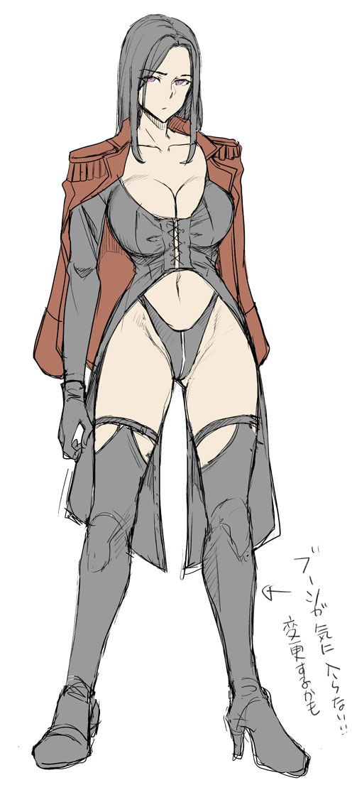 1girl, black_boots, black_gloves, black_legwear, boots, breasts, cloak, elbow_gloves, eyebrows_hidden_by_hair, gloves, hair_over_one_eye, high_heels, latex, latex_boots, long_hair, looking_at_viewer, military, military_uniform, miryuku, original, red_eyes, simple_background, sleeveless, solo, standing, thigh_boots, underwear, white_background