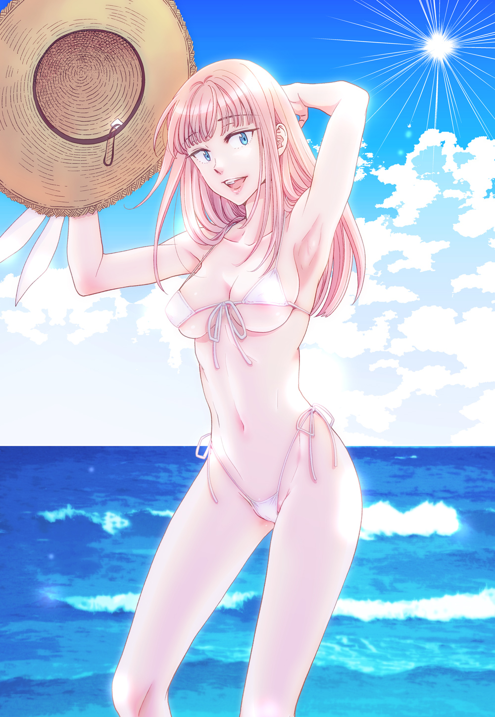 1girl, bikini, blonde_hair, blue_eyes, breasts, brown_hat, cleavage, day, front-tie_bikini_top, front-tie_top, hat, highres, holding, holding_unworn_clothes, holding_unworn_hat, katou_asuka, long_hair, midriff, mochiya_(mochiya029), navel, ocean, side-tie_bikini_bottom, solo, string_bikini, swimsuit, unworn_hat, unworn_headwear, watashi_ga_motenai_no_wa_dou_kangaetemo_omaera_ga_warui!, white_bikini