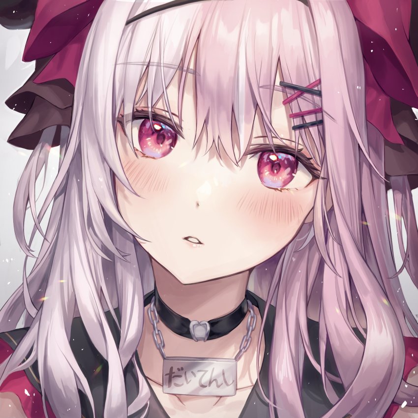 1girl, absurdres, aibek, airy_production, blush, bow, choker, collarbone