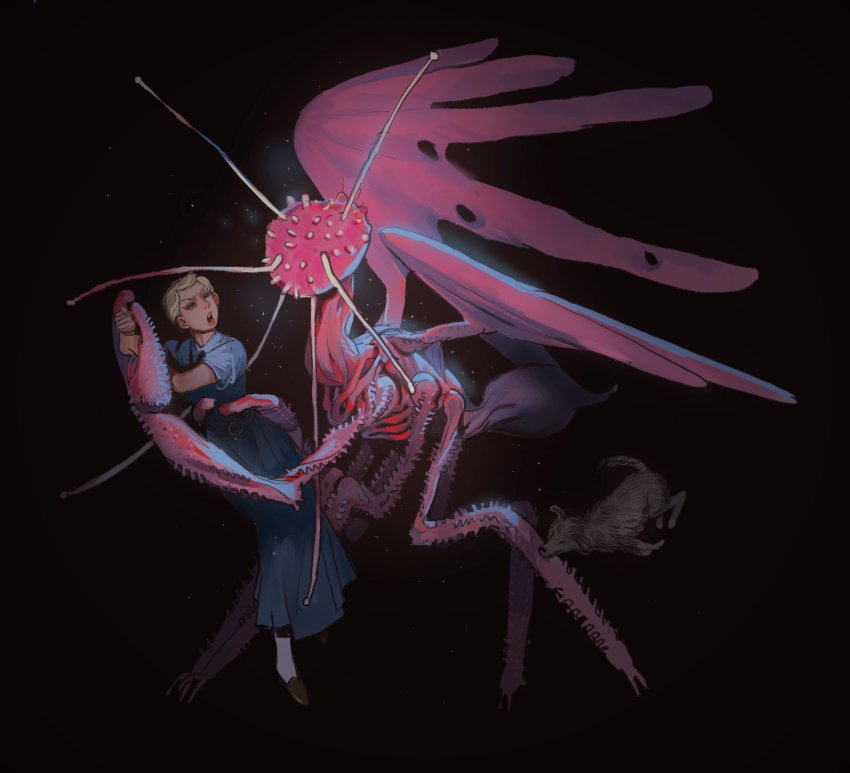 1girl, black_bra, blonde_hair, blue_dress, bra, closed_eyes, cthulhu_mythos, dog, dress, highres, mi-go, monster, mossacannibalis, open_mouth, short_hair, short_sleeves, underwear