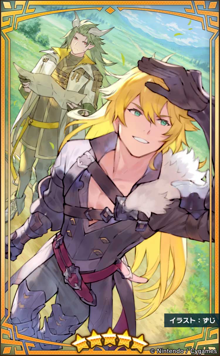 alberius_(dragalia_lost), armored_boots, belt, black_gloves, blonde_hair, boots, dragalia_lost, dragon_boy, dragon_horns, fingerless_gloves, fur_trim, gauntlets, gloves, green_eyes, green_hair, highres, holding, holding_map, horns, long_sleeves, looking_at_another, looking_to_the_side, male_focus, map, midgardsormr_(dragalia_lost), official_art, orange_eyes, outdoors, pointy_ears, smile, standing