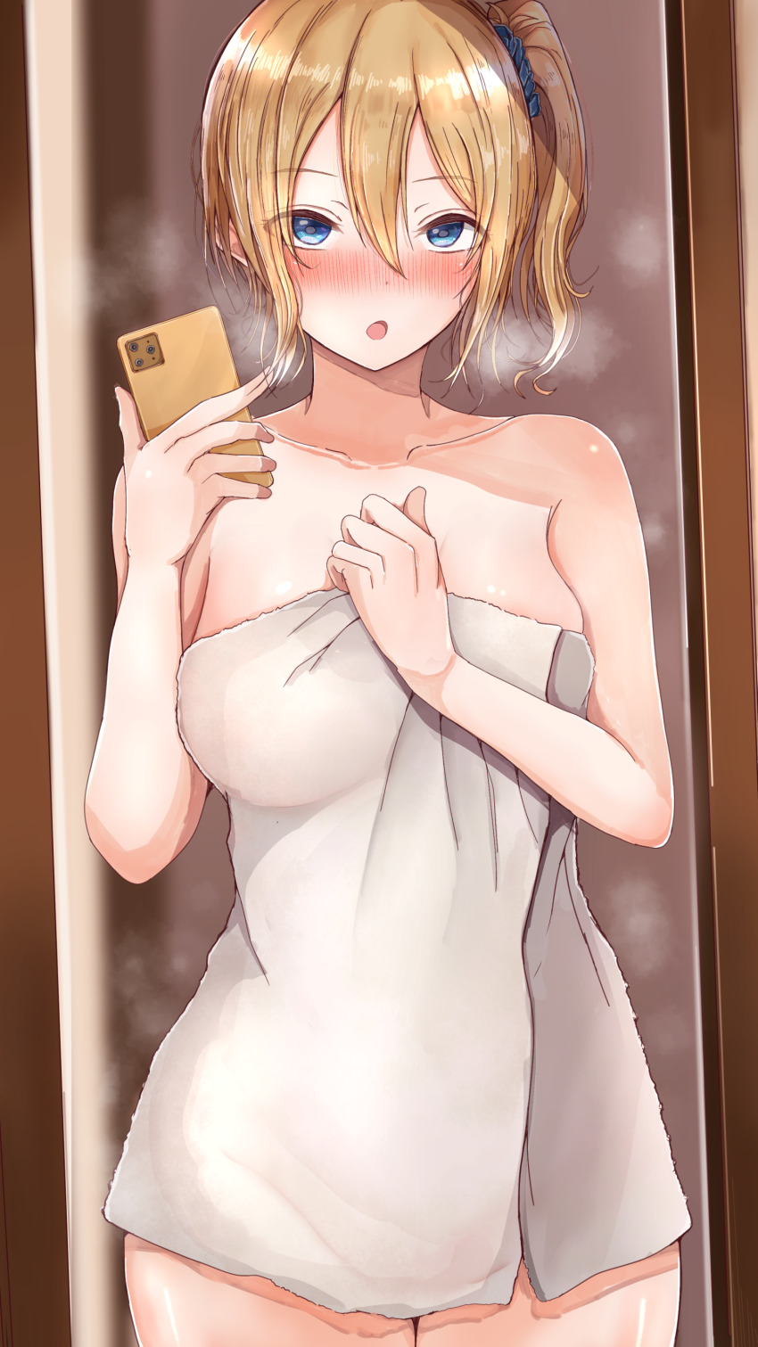 1girl, :o, absurdres, bare_shoulders, blonde_hair, blue_eyes, blurry, blush, breasts, cellphone, collarbone, cowboy_shot, full-face_blush, hair_between_eyes, hair_ornament, hair_scrunchie, hayasaka_ai, highres, holding, holding_phone, holding_towel, indoors, kaguya-sama_wa_kokurasetai_~tensai-tachi_no_renai_zunousen~, looking_at_viewer, mebunryo_(mebunryo2), medium_breasts, naked_towel, phone, scrunchie, side_ponytail, solo, towel