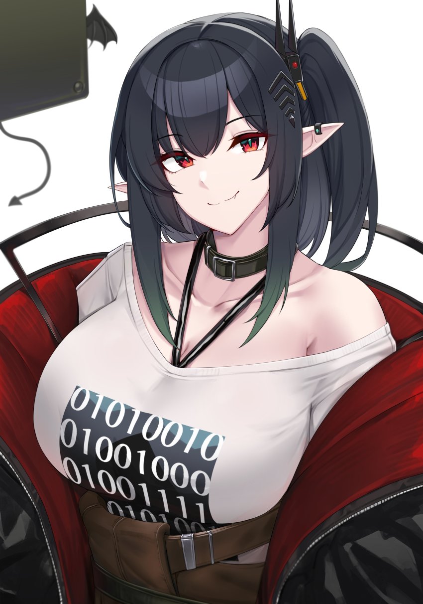 1girl, absurdres, alternate_breast_size_(larger), arknights, bare_shoulders, belt, black_coat, black_hair, blush, breasts, buckle, cleavage, closed_mouth, closure_(act_ii)_(arknights), closure_(arknights), coat, collar, collarbone, enough_333, fang, fang_out, hair_ornament, head_tilt, highres, huge_breasts, long_hair, looking_at_viewer, off-shoulder_shirt, off_shoulder, official_alternate_costume, one_side_up, open_clothes, open_coat, pointy_ears, red_eyes, shirt, sidelocks, simple_background, smile, solo, upper_body, white_background, white_shirt