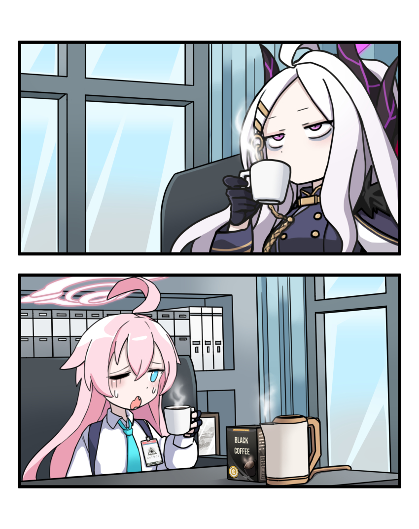 2girls, ;o, absurdres, ahoge, bags_under_eyes, belt, black_gloves, blue_archive, cabinet, chair, coat, coat_on_shoulders, coffee, coffee_pot, collared_shirt, commentary_request, cup, demon_girl, demon_horns, disposable_cup, drinking, english_text, fingerless_gloves, fur-trimmed_coat, fur_trim, gloom_(expression), gloves, hair_between_eyes, hair_ornament, hairclip, halo, highres, hina_(blue_archive), holding, holding_cup, horns, hoshino_(blue_archive), long_hair, long_sleeves, military, military_uniform, mug, multiple_girls, nagam, necktie, office_chair, one_eye_closed, package, parted_bangs, pink_hair, purple_eyes, school_uniform, shirt, sidelocks, steam, sweat, swivel_chair, table, white_hair, window