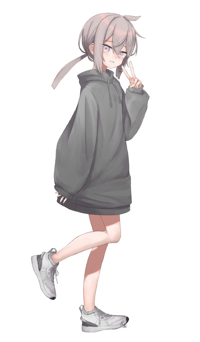 1girl, absurdres, blush, cowlick, drawstring, from_side, full_body, girls'_frontline