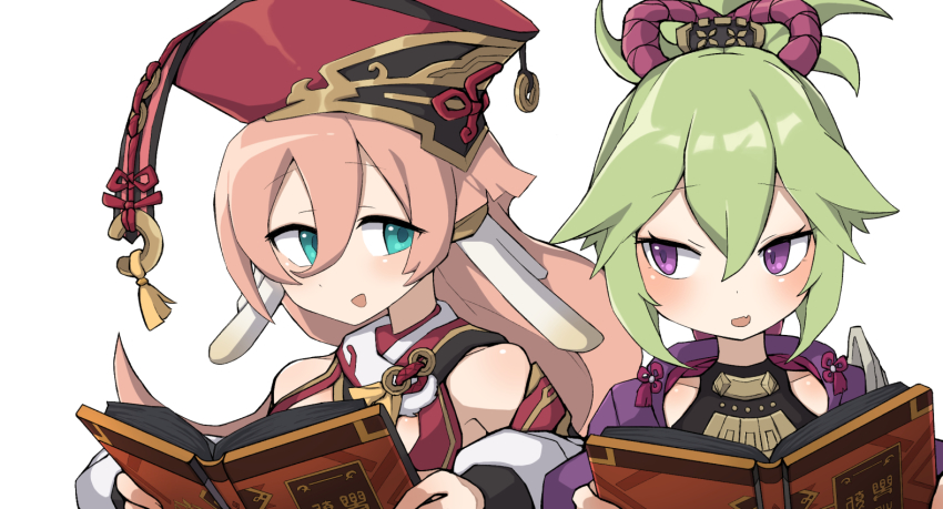 2girls, :d, antlers, armor, blue_hair, book, bow, collarbone